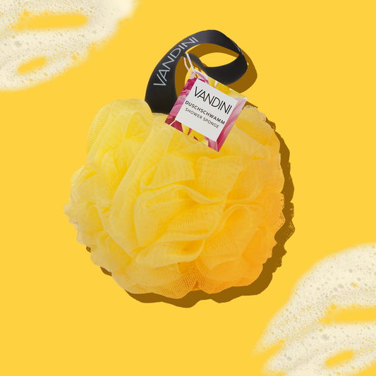 Frontales Produktbild des VANDINI Duschschwamm zum Aufschäumen von dem feuchtigkeitsspendenden COMFORT Duschgel
