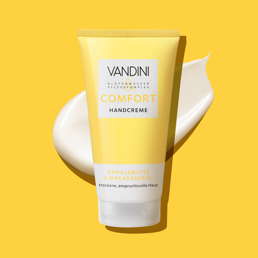 VANDINI schnell einziehende Handcreme mit Vanilleduft für trockene & anspruchsvolle Hände, vegan & mikroplastikfrei