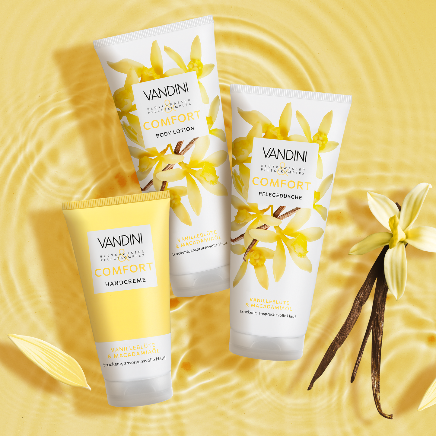 VANDINI COMFORT Übersicht der gut riechenden Körperpflege mit Vanilleduft bestehend aus Duschgel, Bodylotion & Handcreme.
