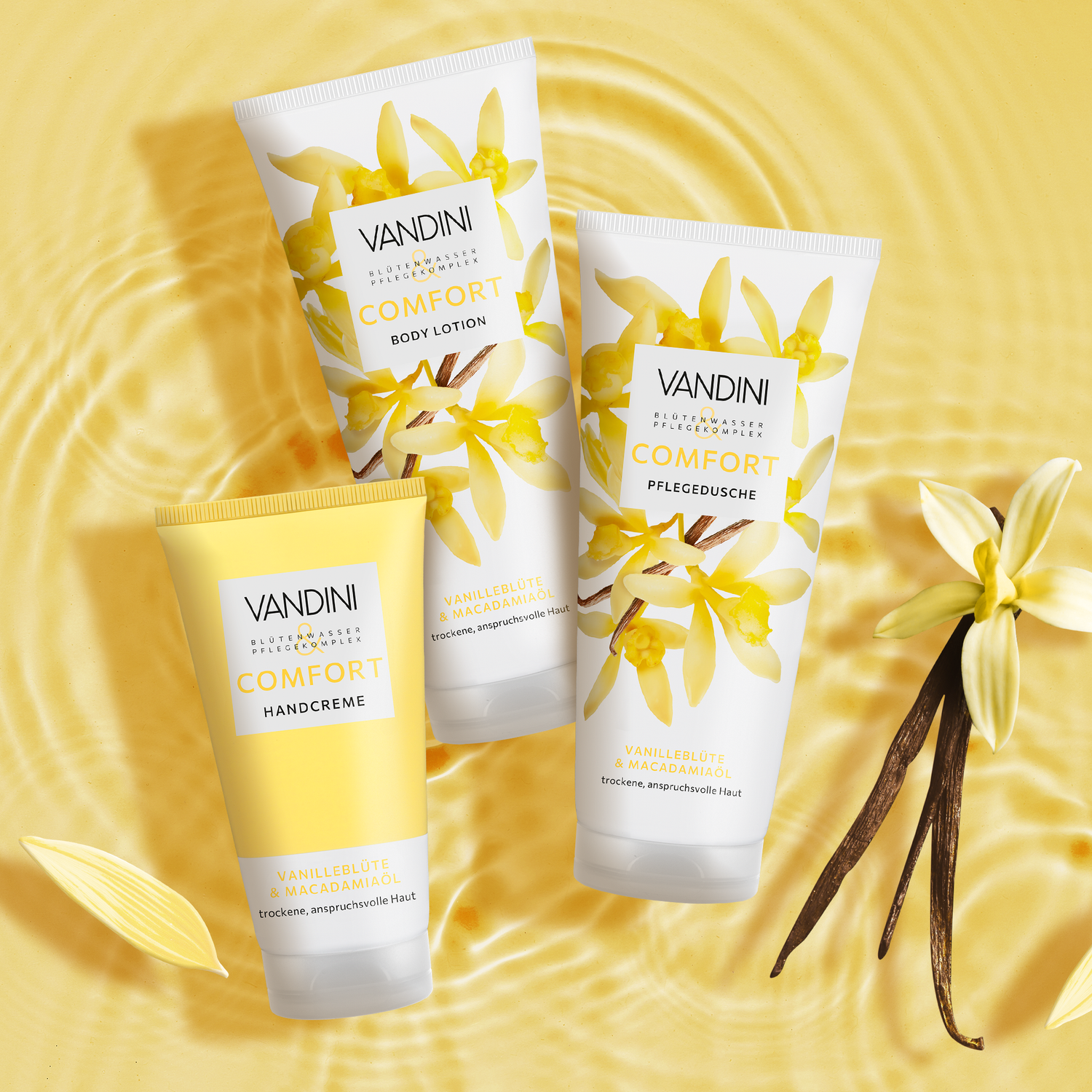 VANDINI COMFORT Übersicht der gut riechenden Körperpflege mit Vanilleduft bestehend aus Duschgel, Bodylotion & Handcreme.