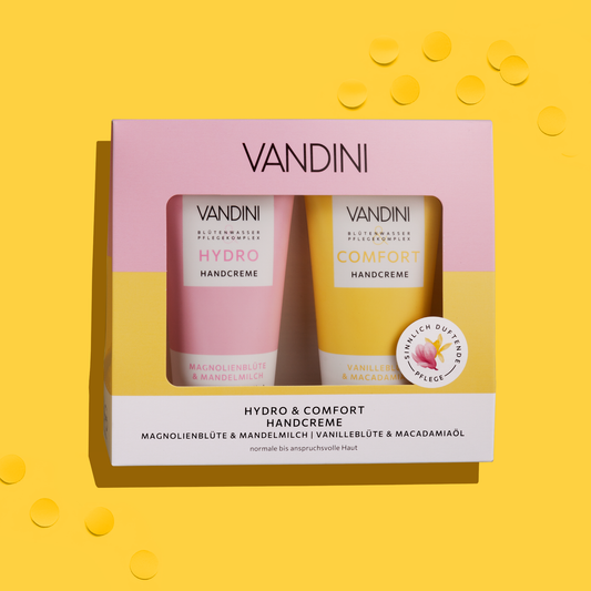 VANDINI Geschenkset mit zwei Handcremes mit Magnolienduft und Vanilleduft für normale bis trockene Haut, vegan & mikroplastikfrei