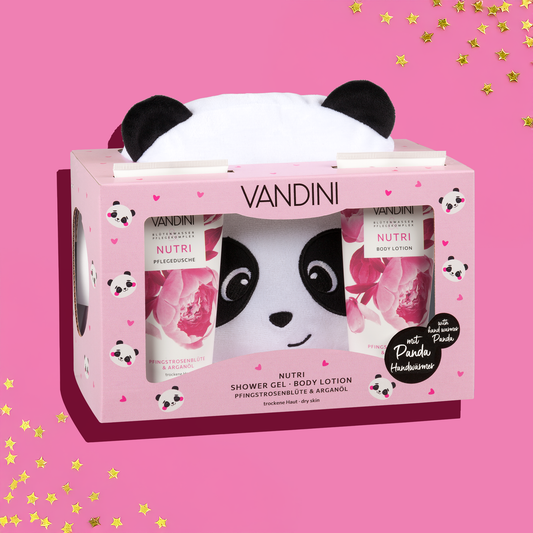 VANDINI Weihnachtsgeschenk mit NUTRI Pflegeprodukten und Plüsch-Panda Handwärmer