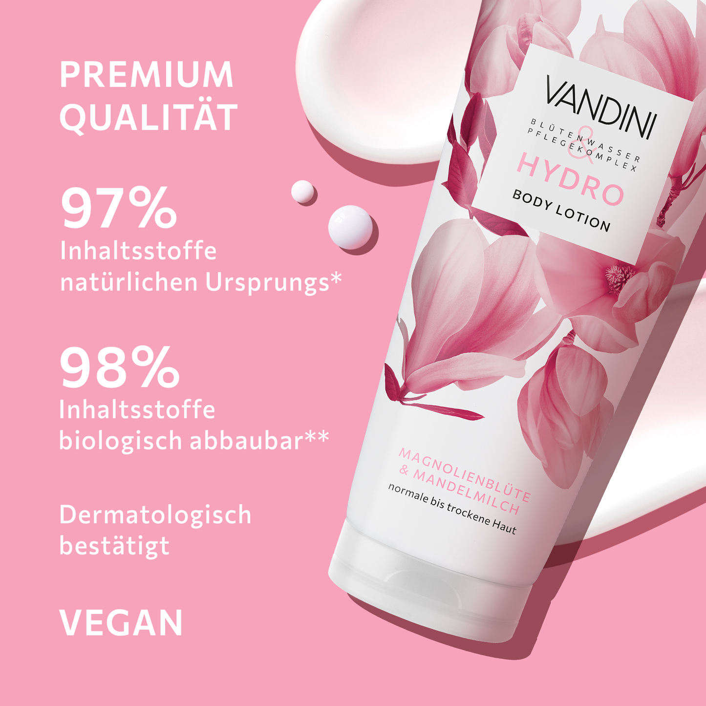 Die HYDRO Bodylotion besteht aus biologisch abbaubaren und natürlichen Inhaltsstoffen und ist vegan und dermatologisch bestätigt.