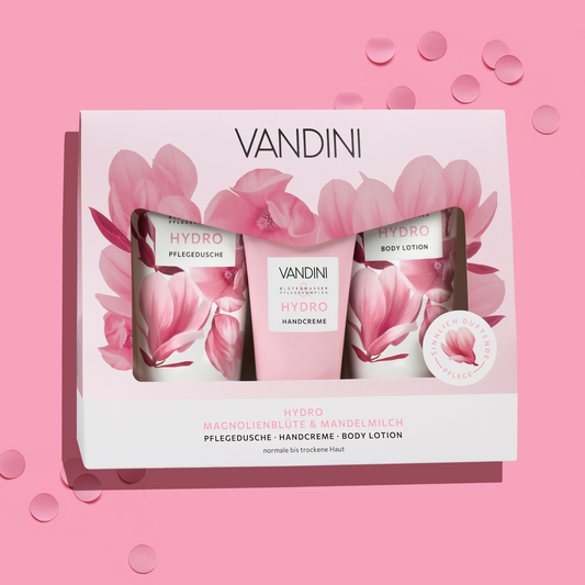 VANDINI Geschenkset mit Duschgel, Bodylotion & Handcreme für normale bis trockene Haut, Pflegeset für Frauen, vegan & mikroplastikfrei