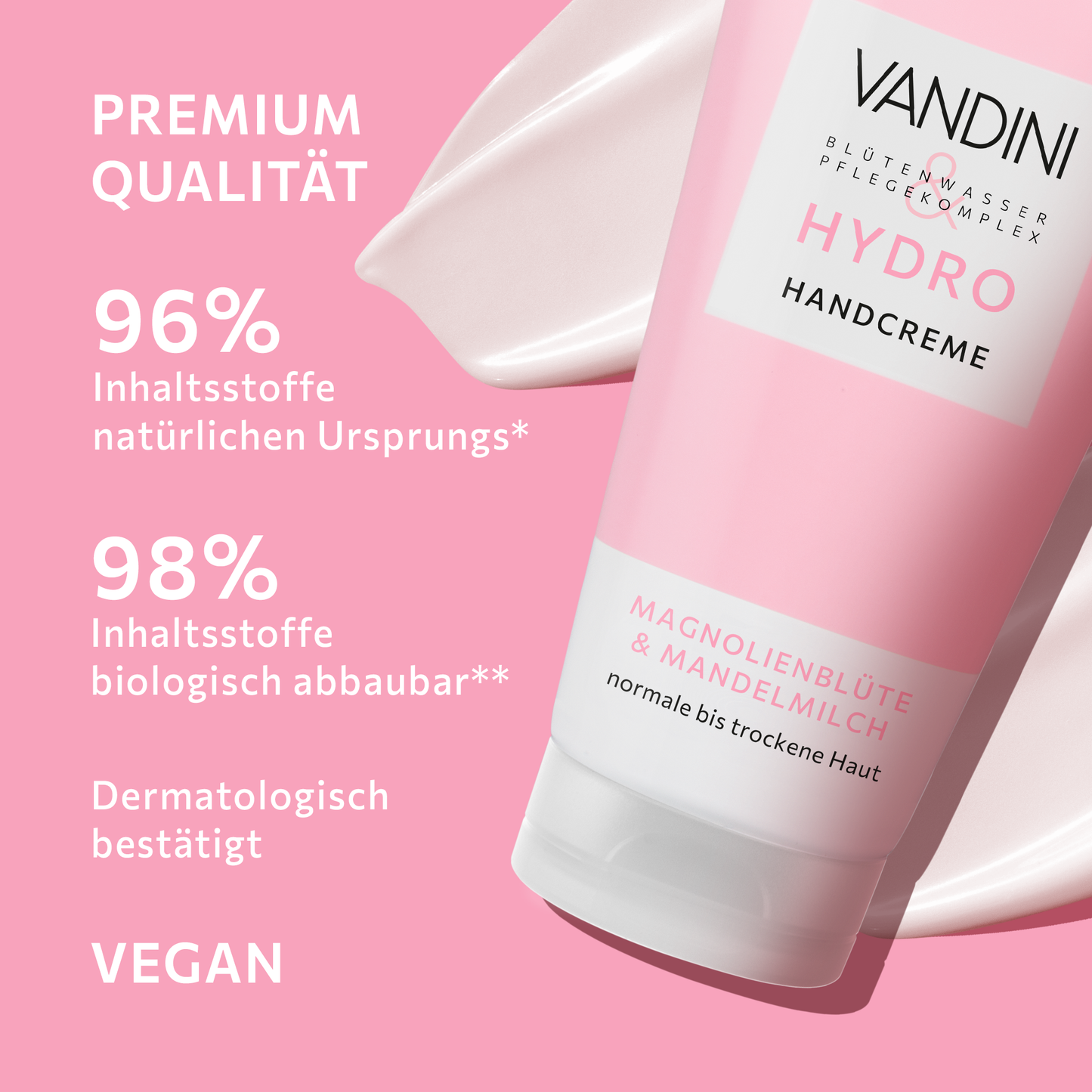 Die HYDRO Handcreme besteht aus biologisch abbaubaren und natürlichen Inhaltsstoffen und ist vegan und dermatologisch bestätigt.