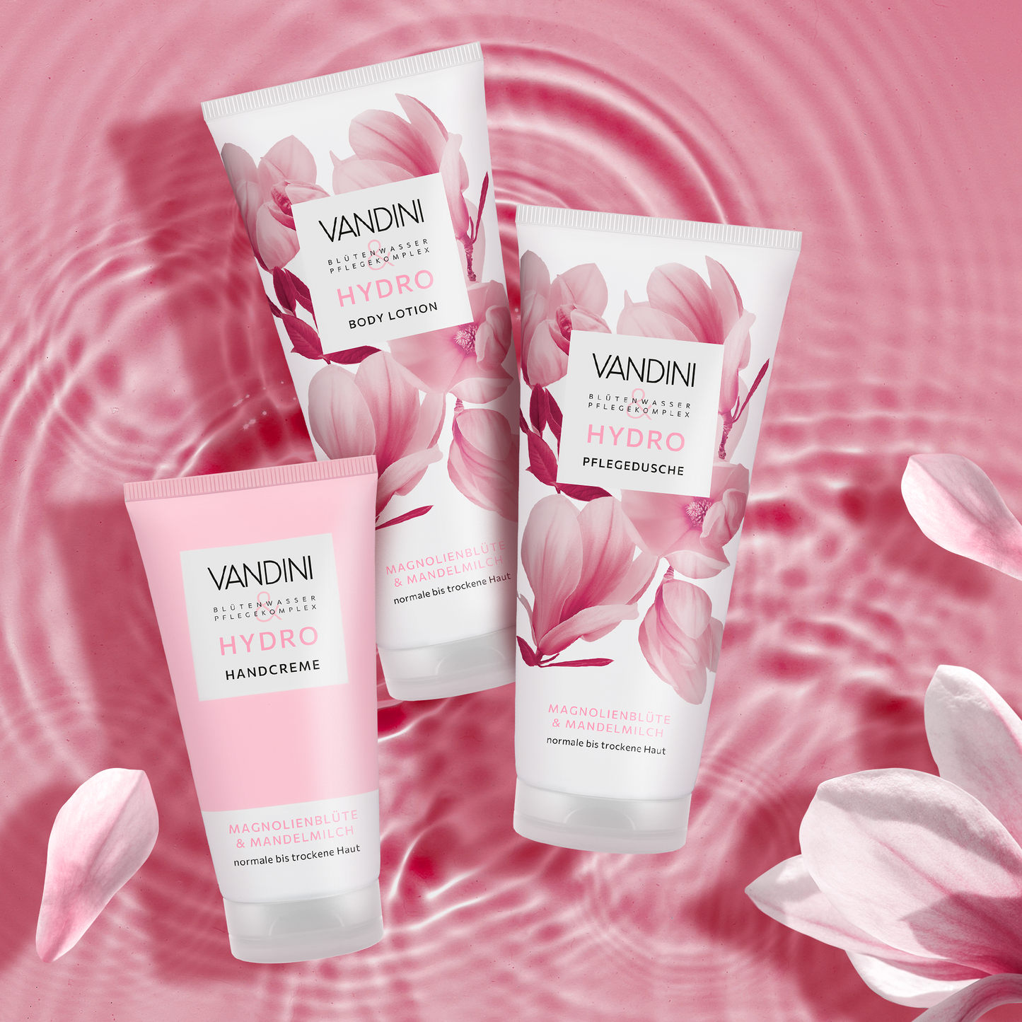 VANDINI HYDRO Übersicht der gut riechenden Körperpflege mit Magnolienblütenduft bestehend aus Duschgel, Bodylotion & Handcreme.