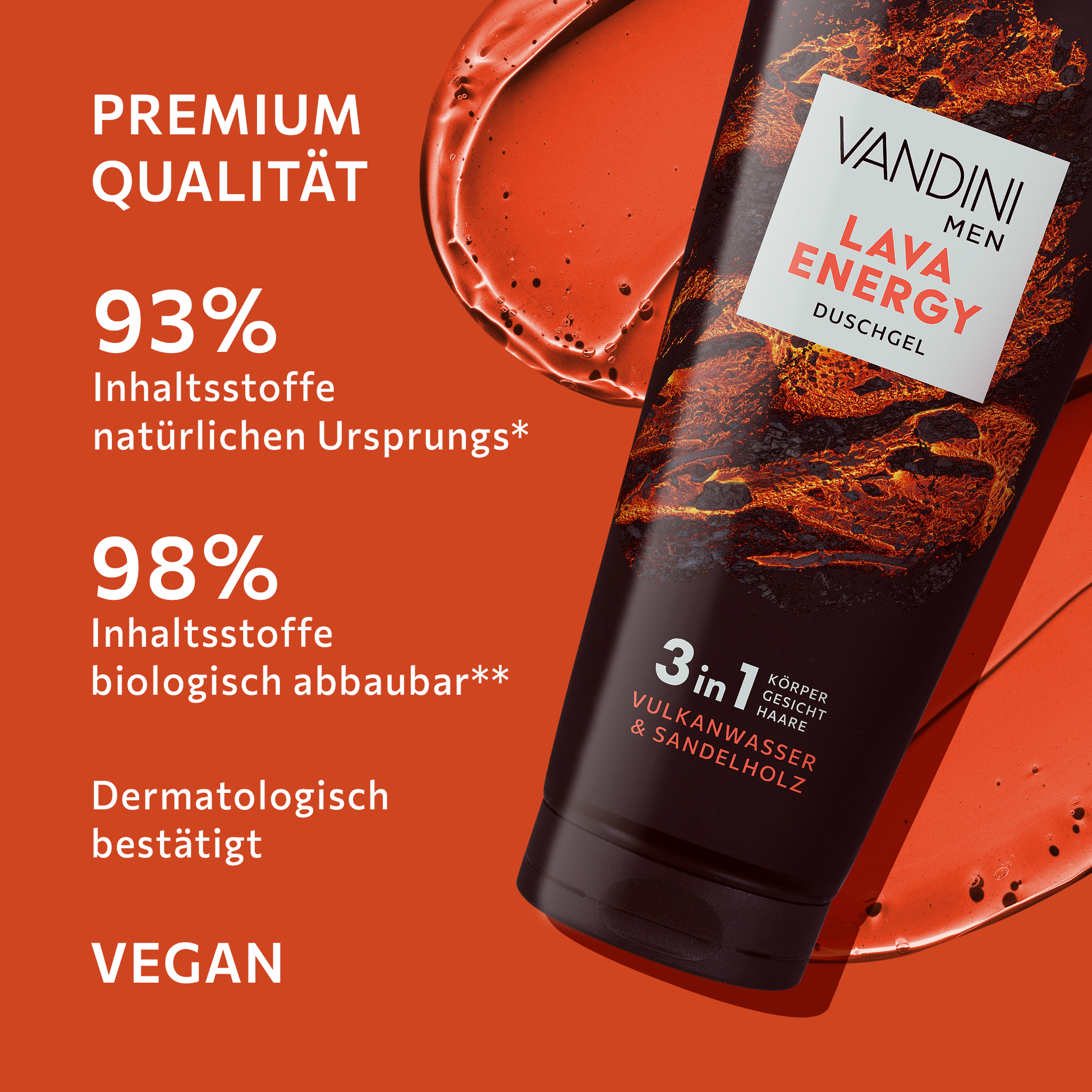 Das LAVA ENERGY 3in1 Duschgel besteht aus biologisch abbaubaren und natürlichen Inhaltsstoffen und ist vegan und dermatologisch bestätigt.