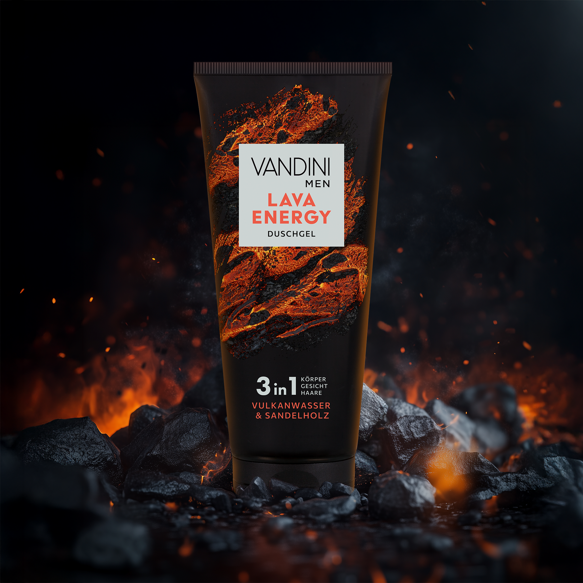 VANDINI Duschgel für Männer mit Sandelholz und Vulkanwasser, für Körper, Gesicht und Haare