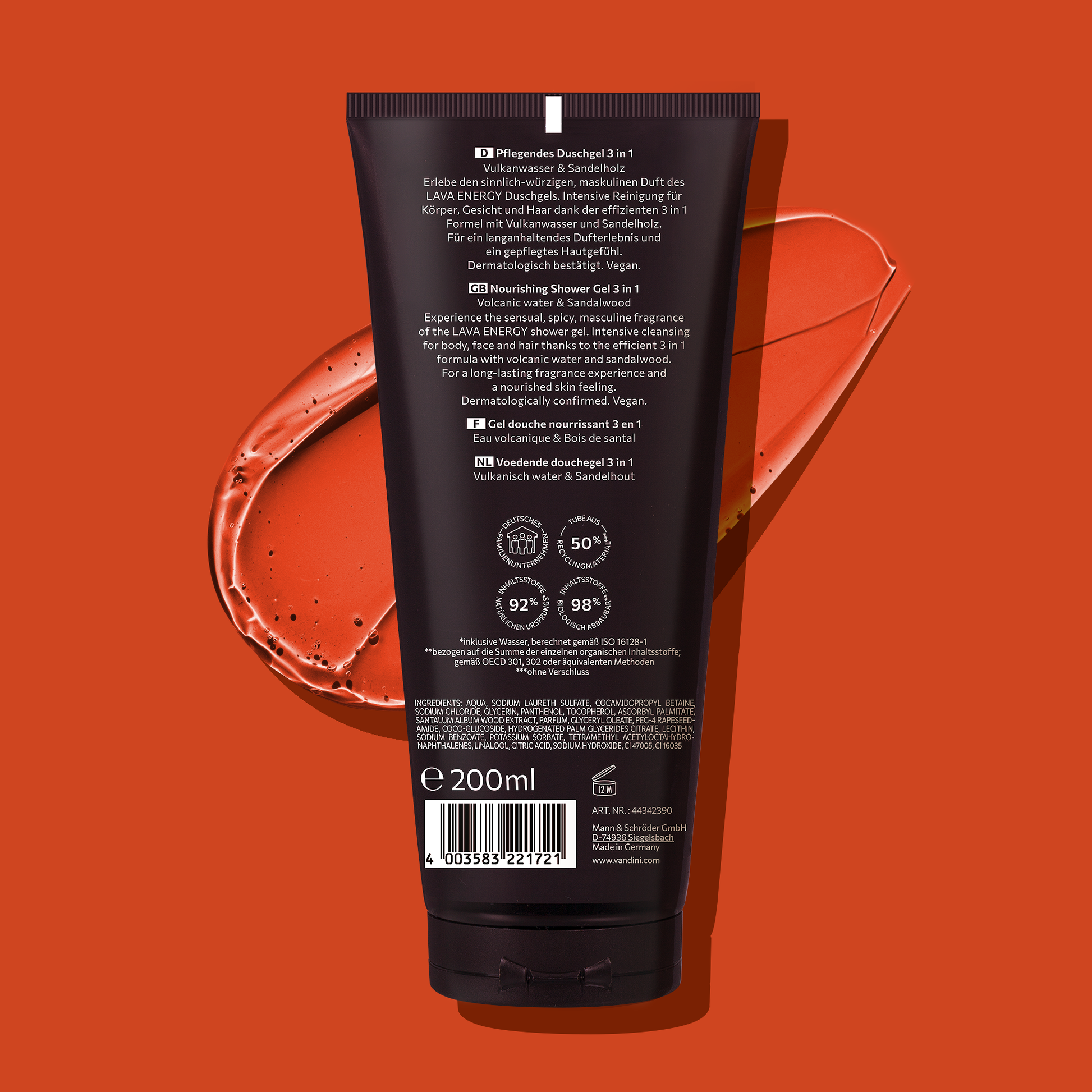 Rückseite des VANDINI Duschgel 3in1 für Männer mit Vulkanwasser und Sandelholz, Inhaltsstoffe natürlichen Ursprungs, vegan & mikroplastikfrei