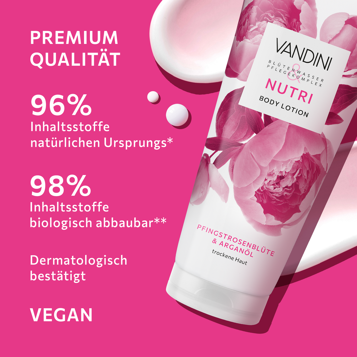 Die NUTRI Bodylotion besteht aus biologisch abbaubaren und natürlichen Inhaltsstoffen und ist vegan und dermatologisch bestätigt.