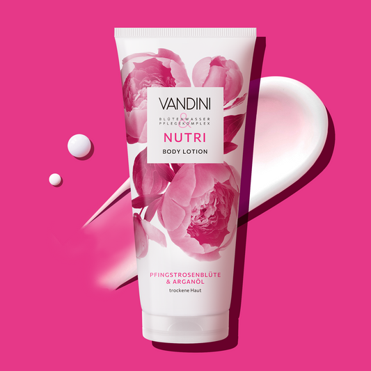 VANDINI Feuchtigkeitscreme mit Pfingstrosenblütenduft, Bodylotion für trockene Haut, vegan & mikroplastikfrei