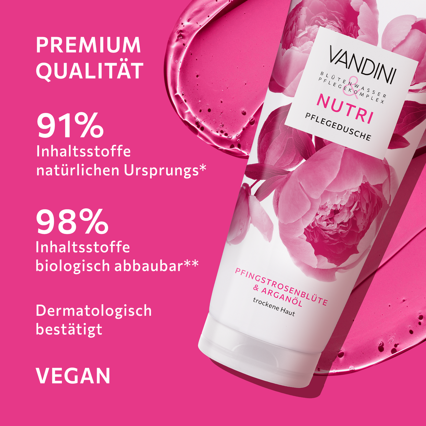 Das NUTRI Duschgel besteht aus biologisch abbaubaren und natürlichen Inhaltsstoffen und ist vegan und dermatologisch bestätigt.