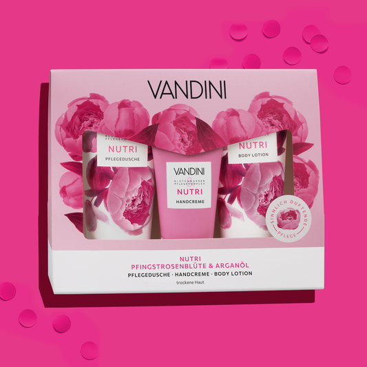 VANDINI Geschenkset mit Duschgel, Bodylotion und Handcreme für trockene Haut, Pflegeset für Frauen, vegan & mikroplastikfrei