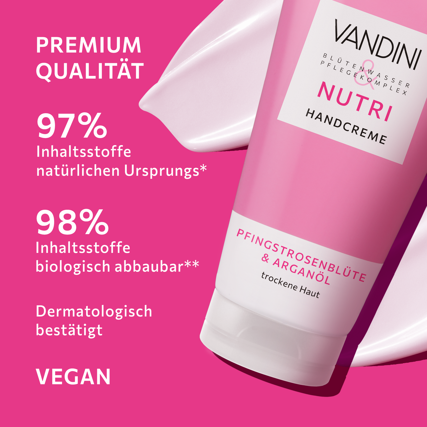 Die NUTRI Handcreme besteht aus biologisch abbaubaren und natürlichen Inhaltsstoffen und ist vegan und dermatologisch bestätigt.