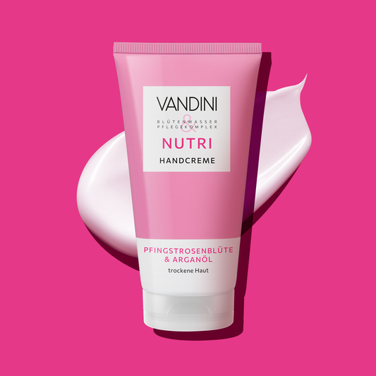 VANDINI schnell einziehende Handcreme mit Pfingstrosenduft, Feuchtigkeitscreme für trockene Hände, vegan & mikroplastikfrei