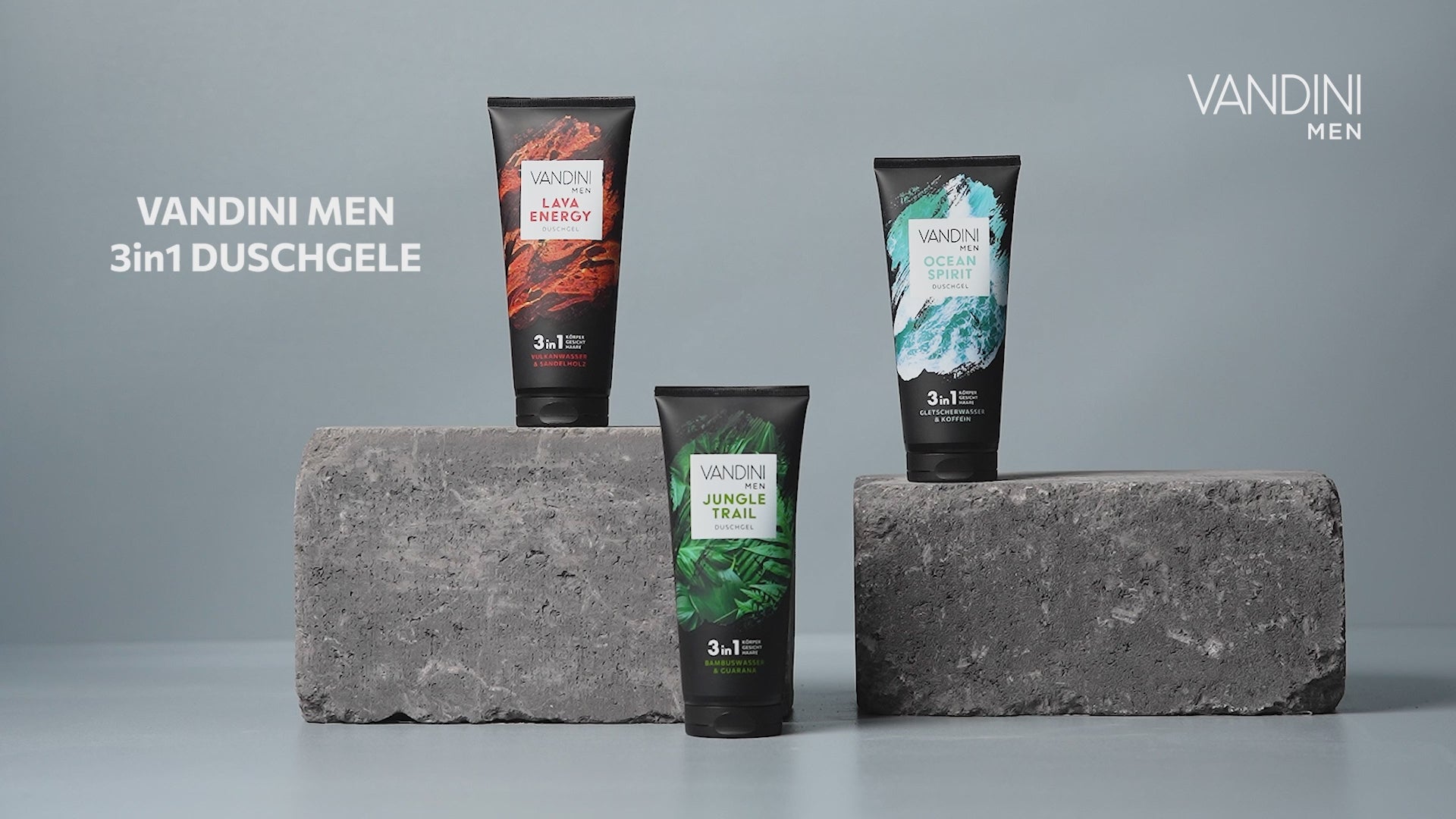 Video, das alle VANDINI MEN Duschgel Tuben und den Inhalt zeigt