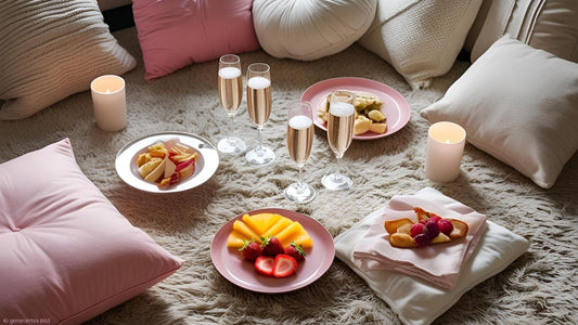 Gemütliches Picknick auf dem Wohnzimmerboden bei einem Mädelsabend