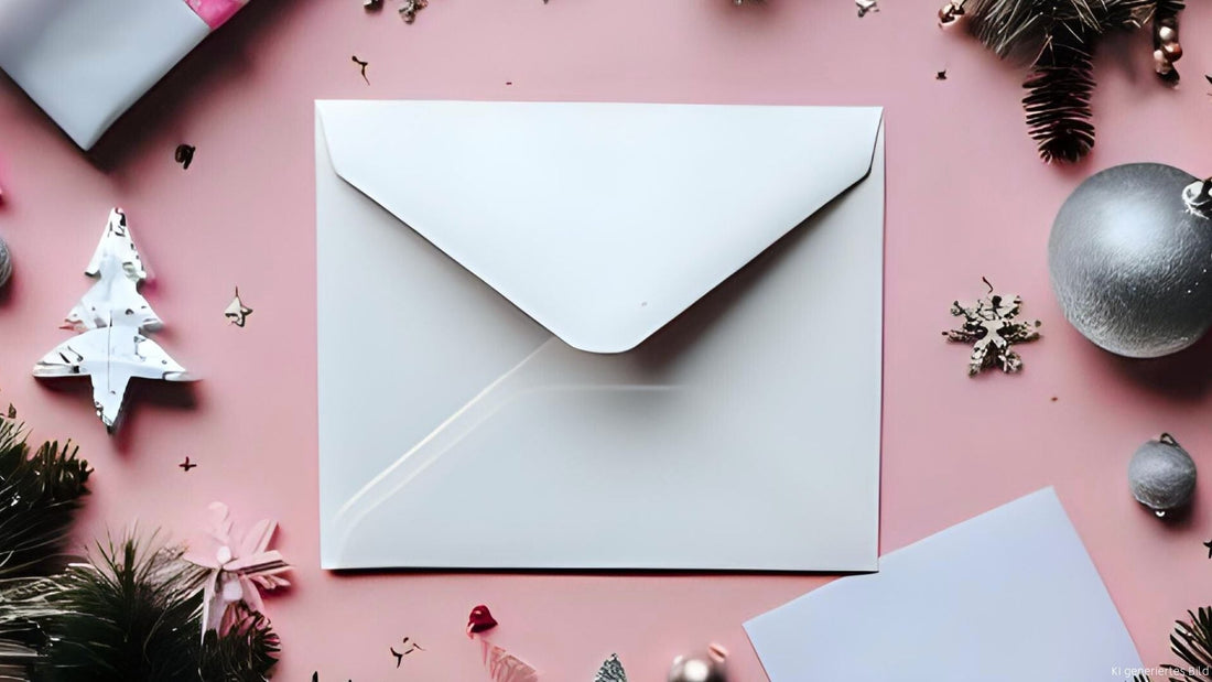 Briefumschlag für Weihnachtspost liegt auf rosa Hintergrund umringt von Weihnachtsdekoration