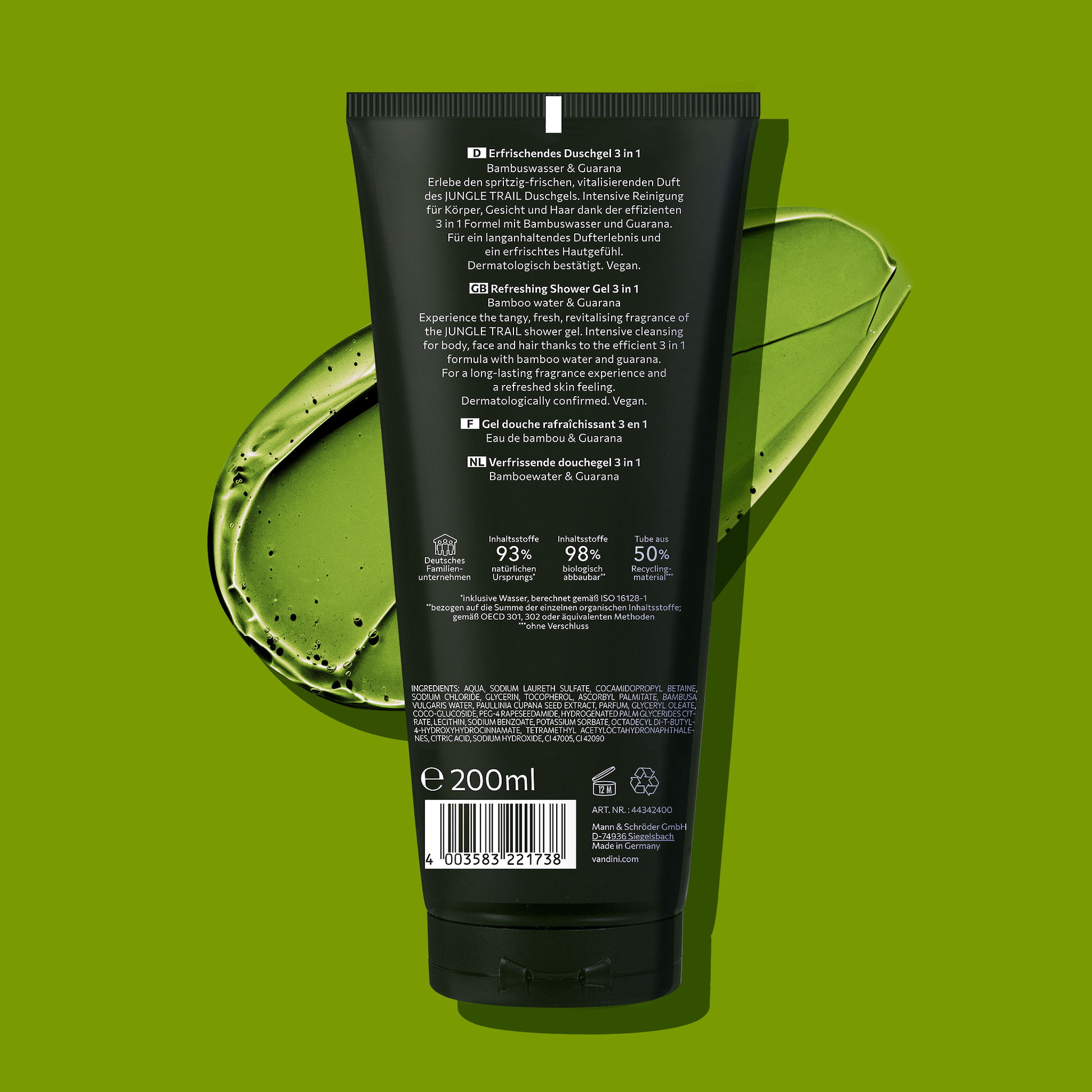 VANDINI 3in1 Duschgel für Männer mit langanhaltendem Duft, Feuchtigkeitspflege für Körper, Gesicht und Haare, vegan und mikroplastikfrei