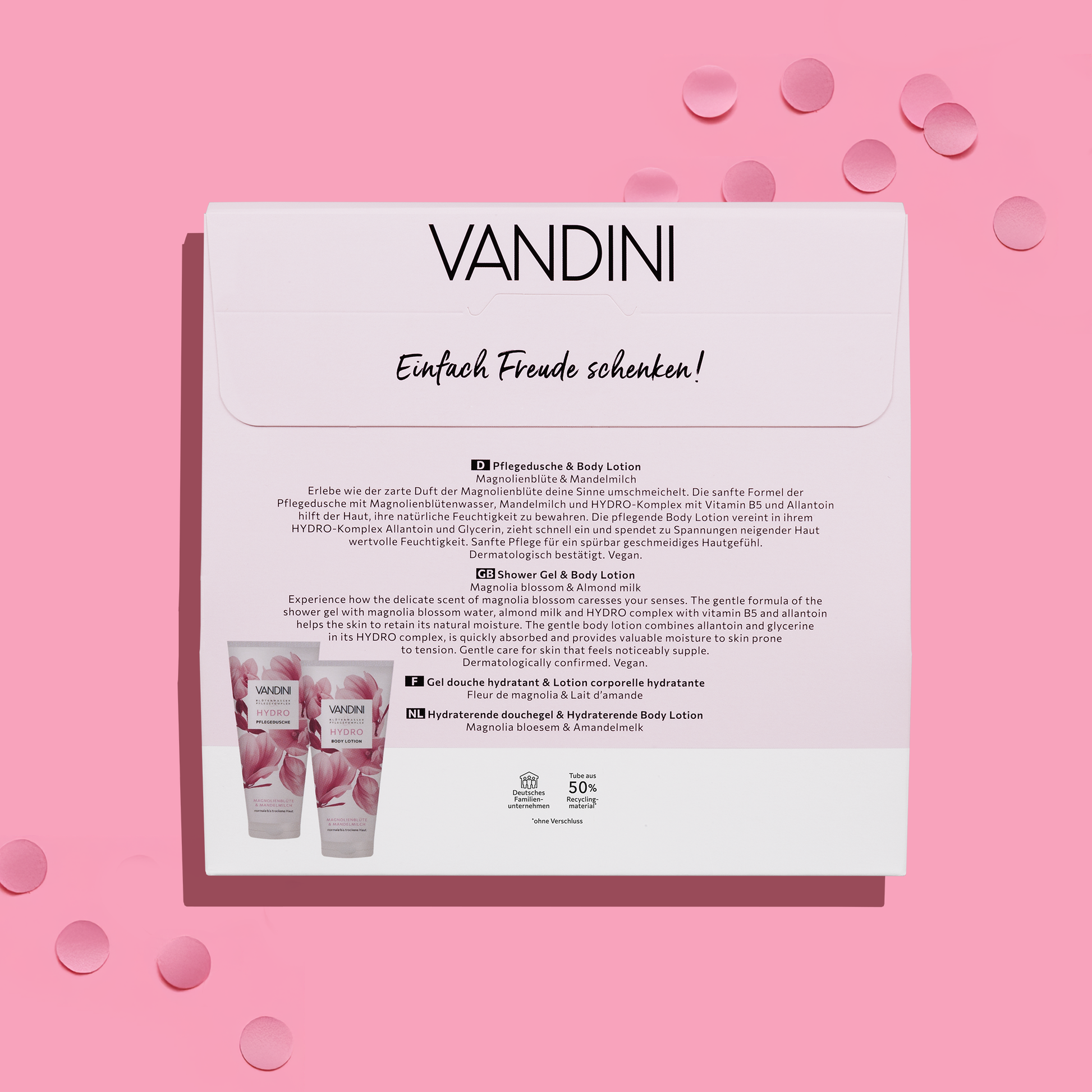 VANDINI Geschenkset mit Duschgel und Bodylotion, Geschenke für Frauen mit normaler bis trockener Haut, vegan & mikroplastikfrei