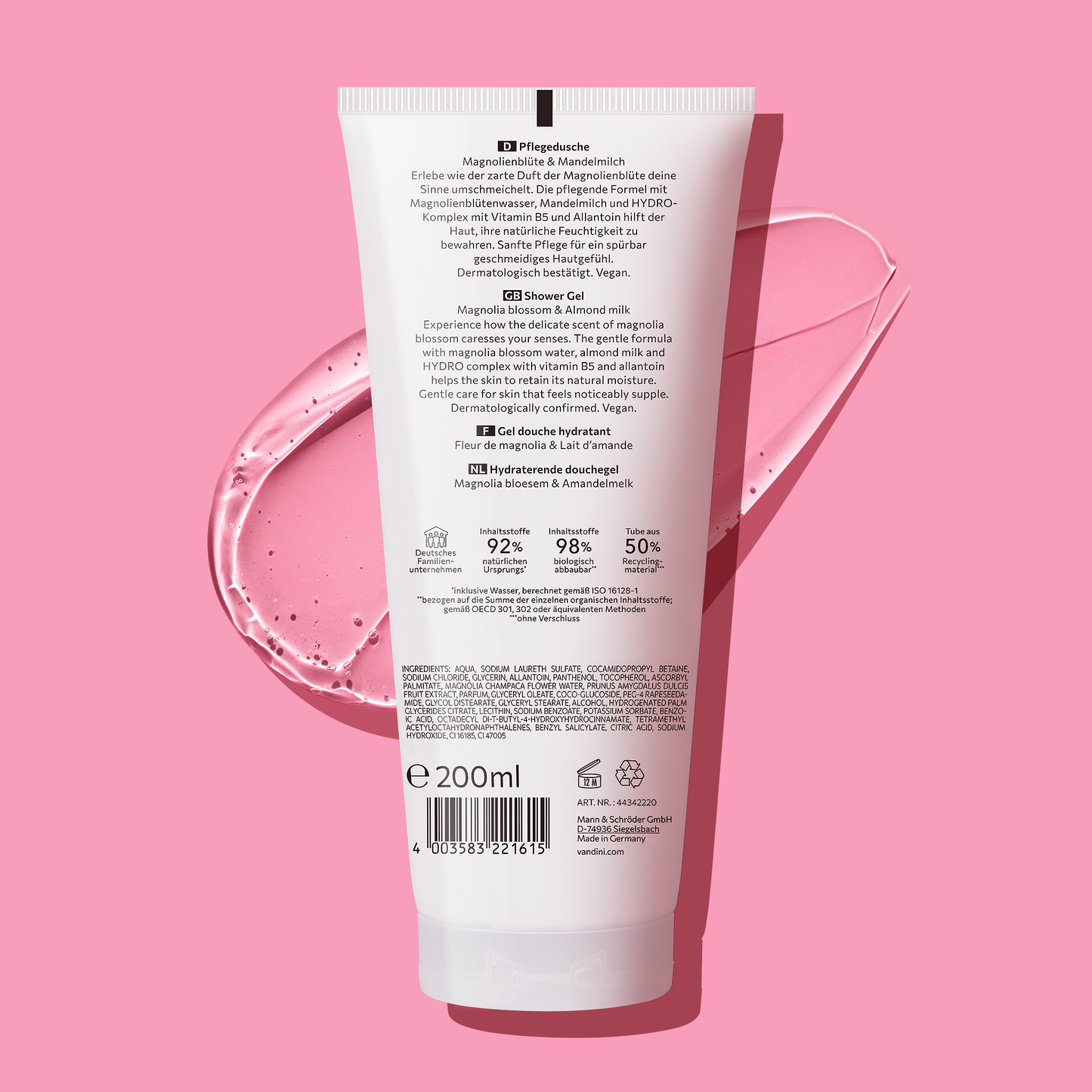 VANDINI  Duschgel Rückseite mit Magnolienduft für trockene Haut, vegan & mikroplastikfrei