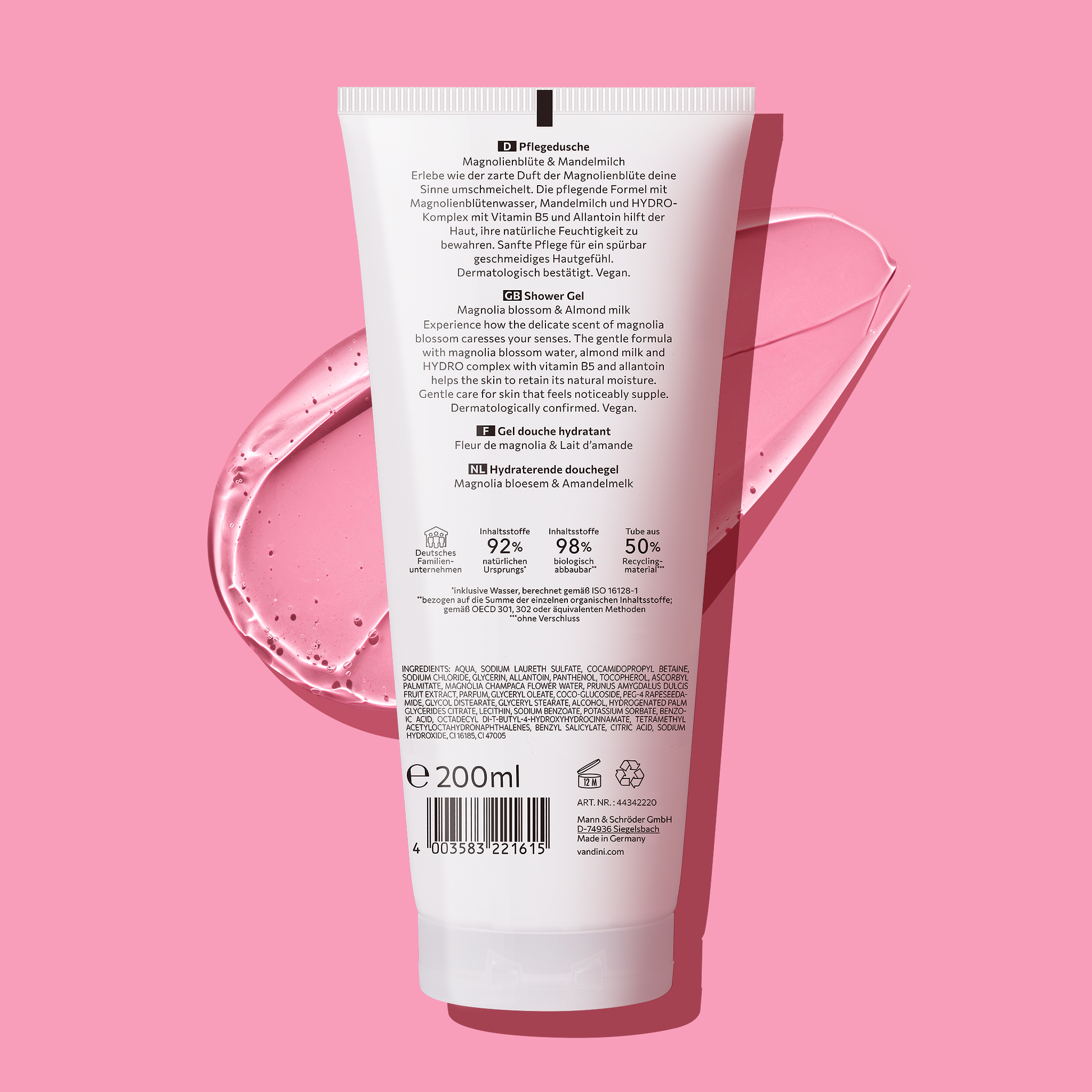 VANDINI  Duschgel Rückseite mit Magnolienduft für trockene Haut, vegan & mikroplastikfrei