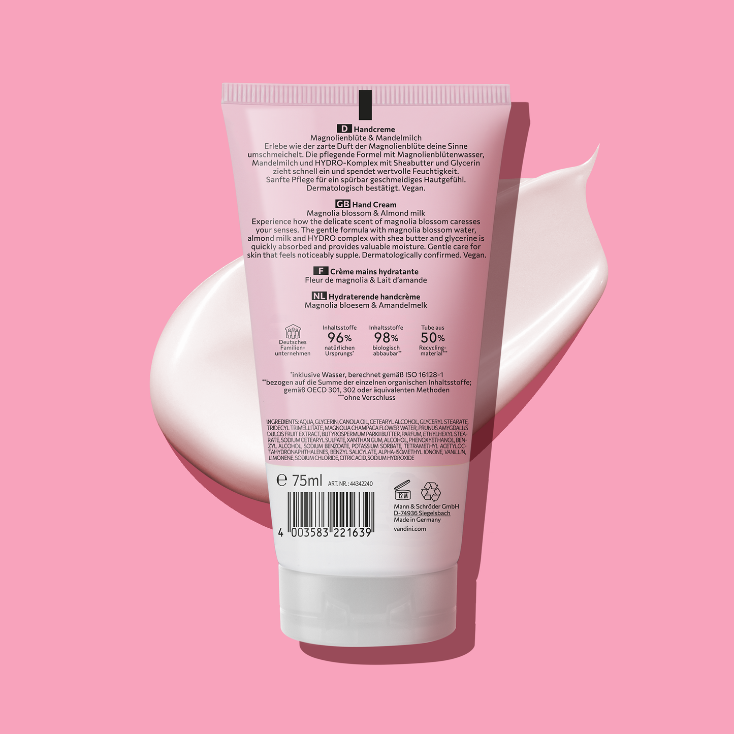 VANDINI schnell einziehende Handcreme mit Magnolienblütenduft, Feuchtigkeitscreme für trockene Hände, vegan & mikroplastikfrei