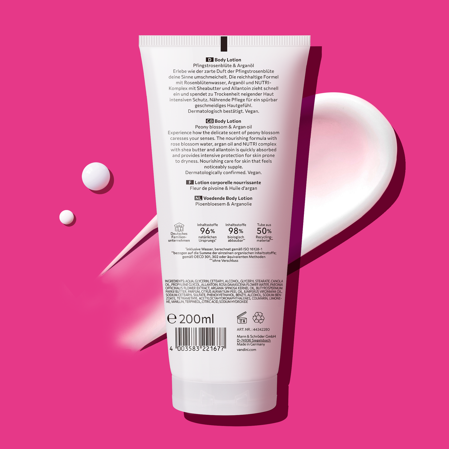 VANDINI Feuchtigkeitscreme mit Pfingstrosenblütenduft, Bodylotion für trockene Haut, vegan & mikroplastikfrei