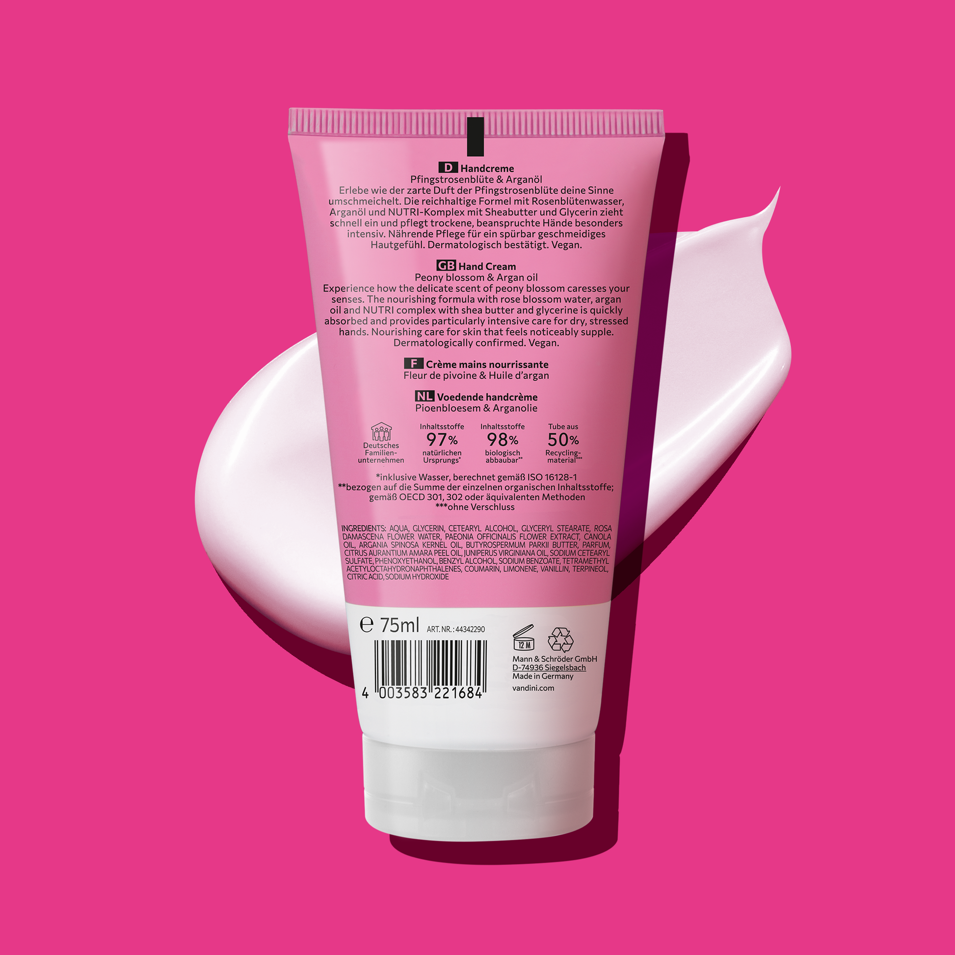VANDINI schnell einziehende Handcreme mit Pfingstrosenduft, Feuchtigkeitscreme für trockene Hände, vegan & mikroplastikfrei