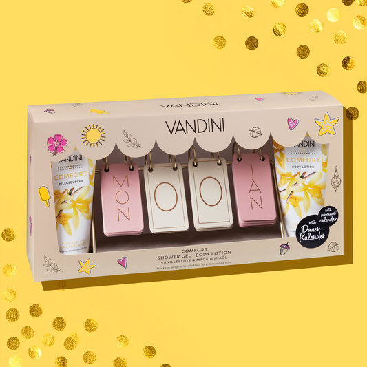 VANDINI Geschenkset mit Dauerkalender und COMFORT Duschgel und Body Lotion mit Vanilleblütenduft für trockene, anspruchsvolle Haut.
