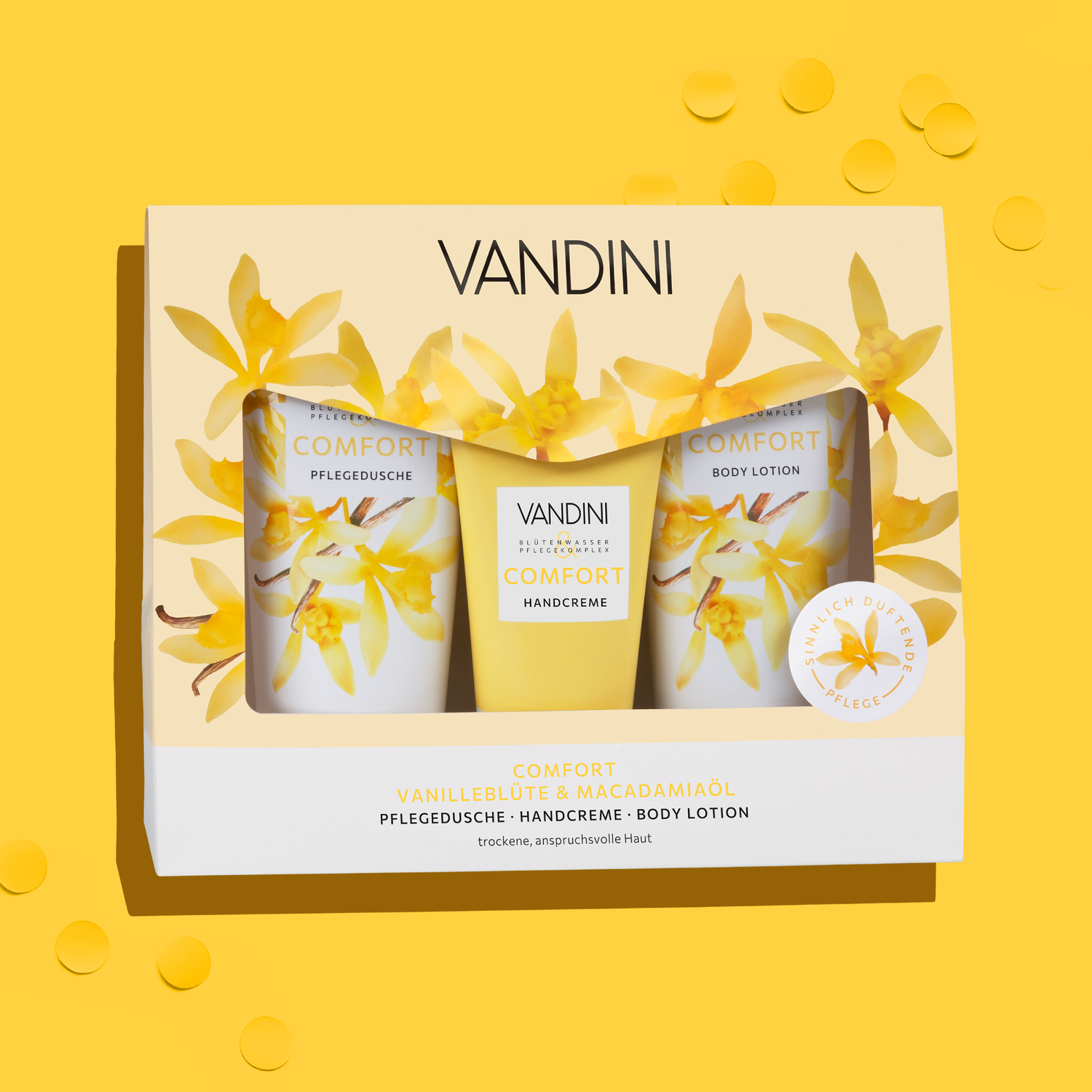 VANDINI Geschenkset mit Duschgel, Bodylotion und Handcreme, Körperpflege für Frauen mit trockener und anspruchsvoller Haut, vegan und mikroplastikfrei