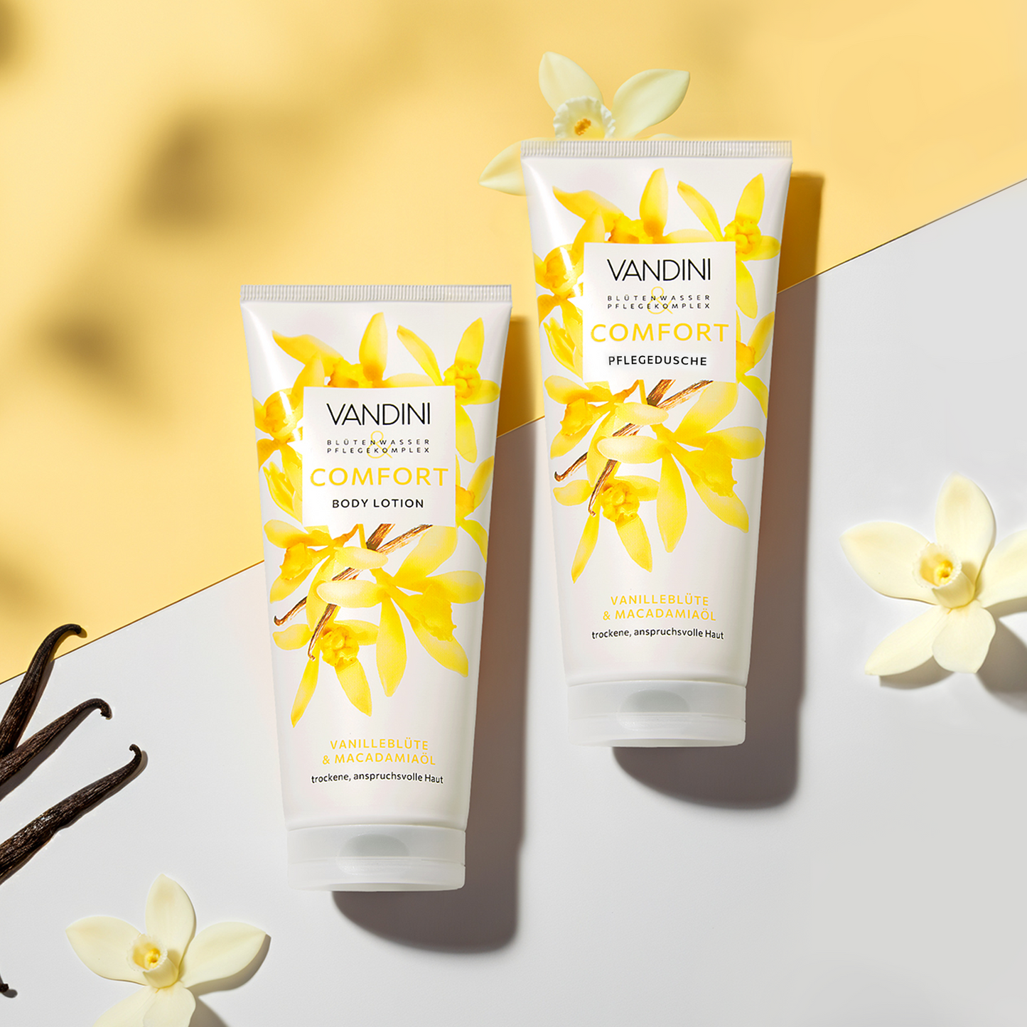 VANDINI  COMFORT Duschgel und Body Lotion mit Vanilleblütenduft für trockene, anspruchsvolle Haut,  vegan & mikroplastikfrei
