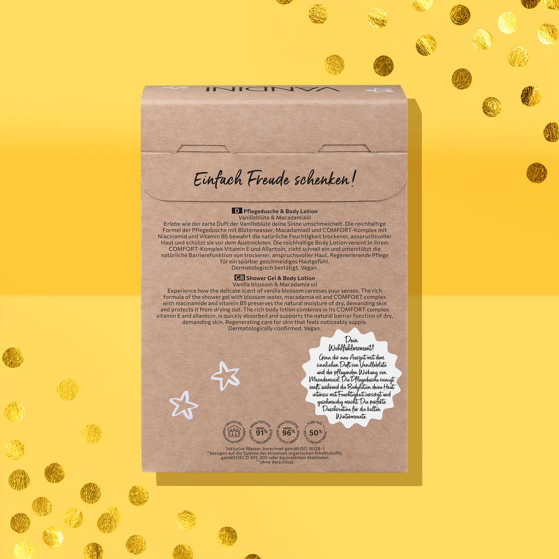 Rückseite der Verpackung des VANDINI Geschenksets Crafted Duo mit Vanilleduft, Körperpflege zum Verschenken für Frauen mit trockener und anspruchsvoller Haut