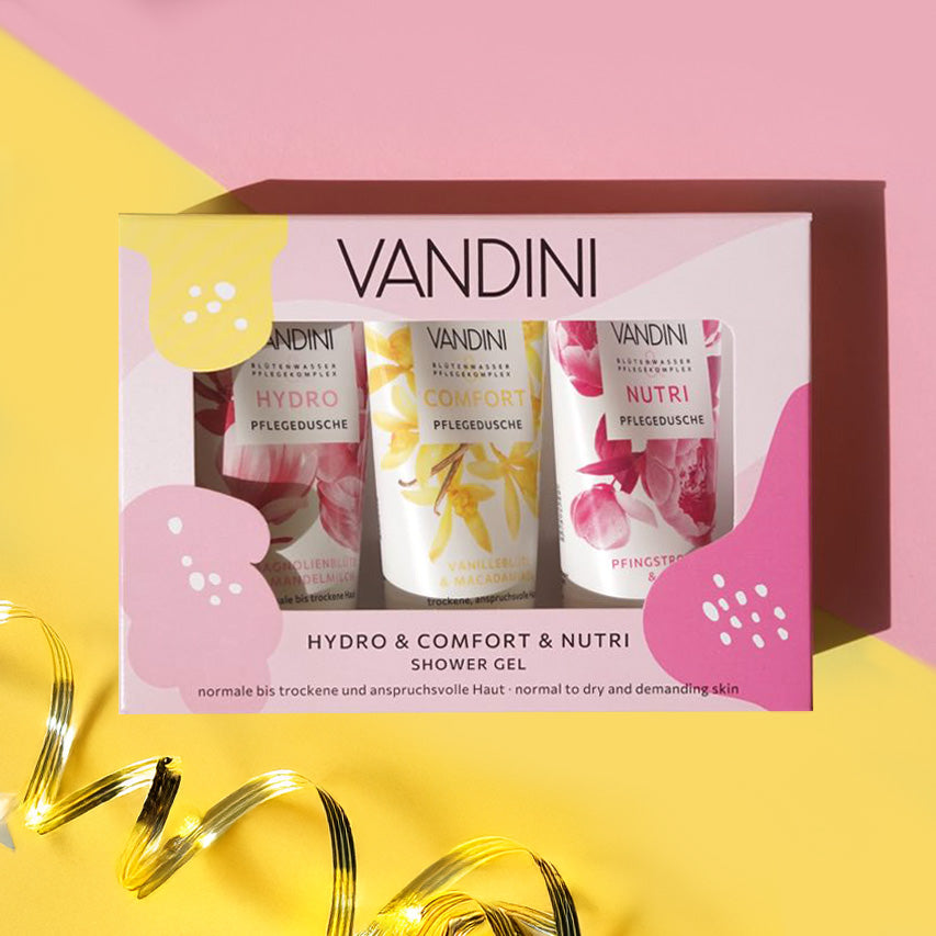 VANDINI Geschenkset mit drei Duschgelen mit Magnolienduft, Pfingstrosenduft und Vanilleduft für normale bis trockene Haut, vegan & mikroplastikfrei