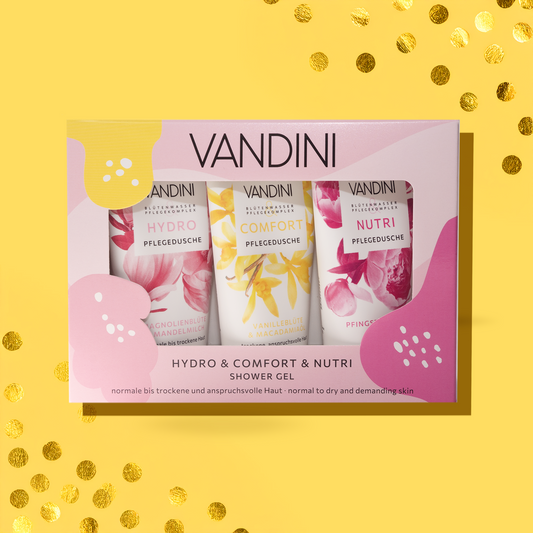 VANDINI Geschenkset mit drei Duschgelen mit Magnolienduft, Pfingstrosenduft und Vanilleduft für normale bis trockene Haut, vegan & mikroplastikfrei