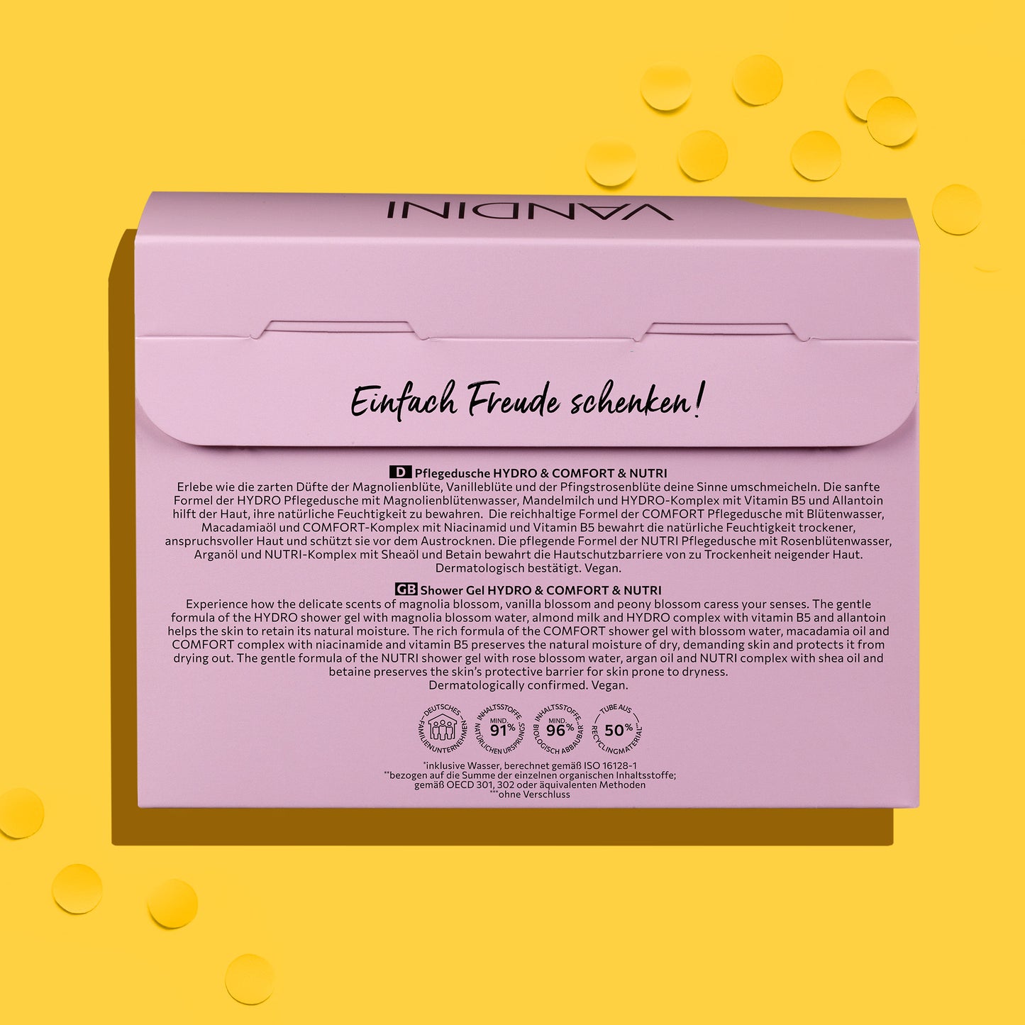 Rückseite der Verpackung des VANDINI Geschenkset für Frauen mit drei Duschgelen für normale bis trockene Haut, vegan, mikroplastikfrei & silikonfrei