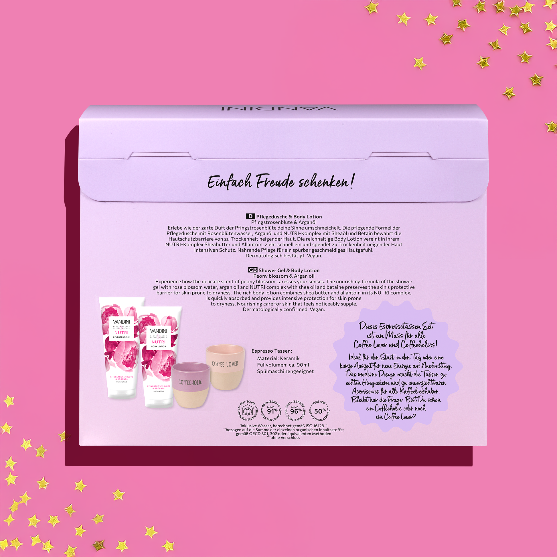 Rückseite der Verpackung des VANDINI Geschenkset für Frauen mit Duschgel, Bodylotion und 2 Espressotassen für trockene Haut, vegan, mikroplastikfrei & silikonfrei