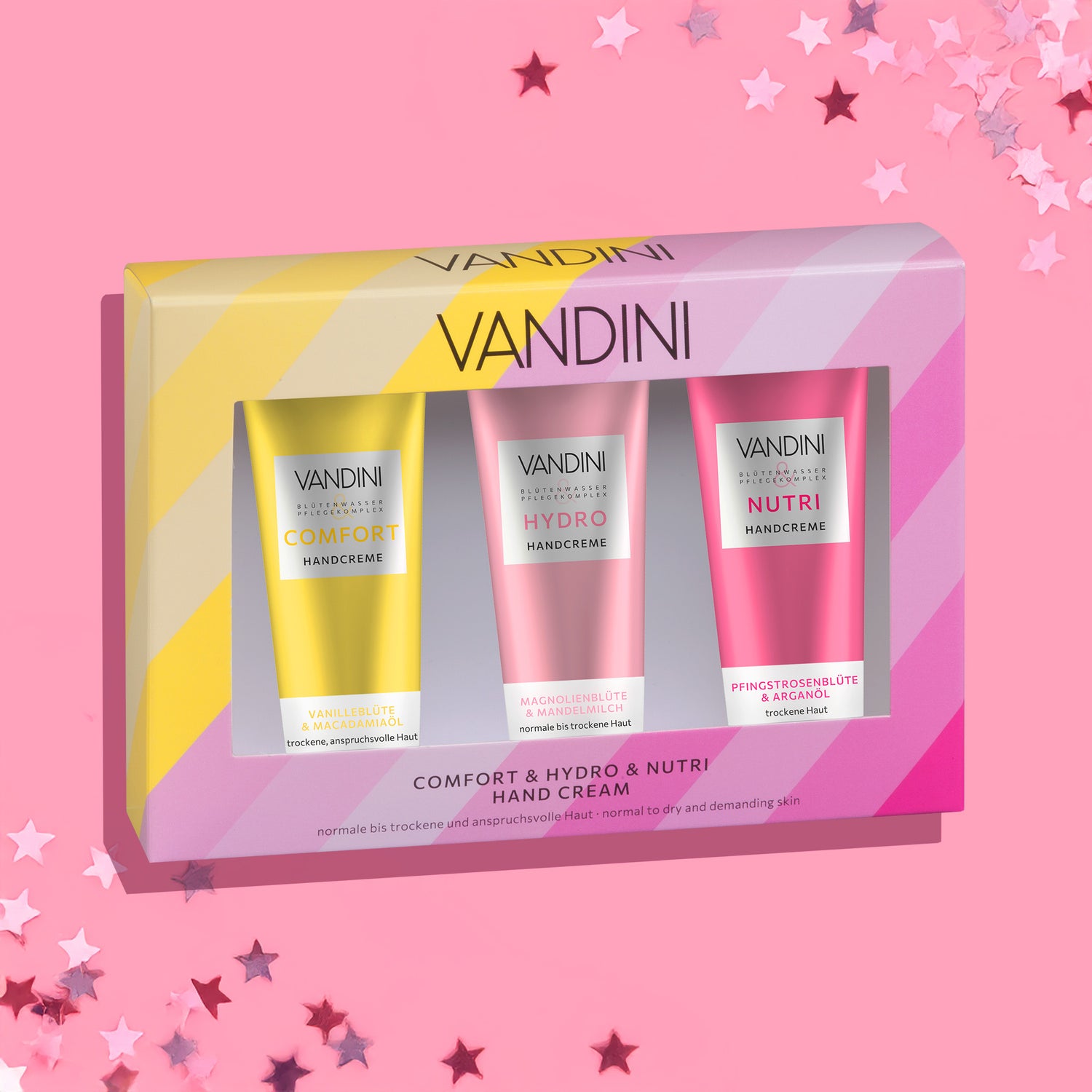 VANDINI Geschenkset mit drei Handcremes mit Magnolienduft, Pfingstrosenduft und Vanilleduft für normale bis trockene Haut, vegan & mikroplastikfrei