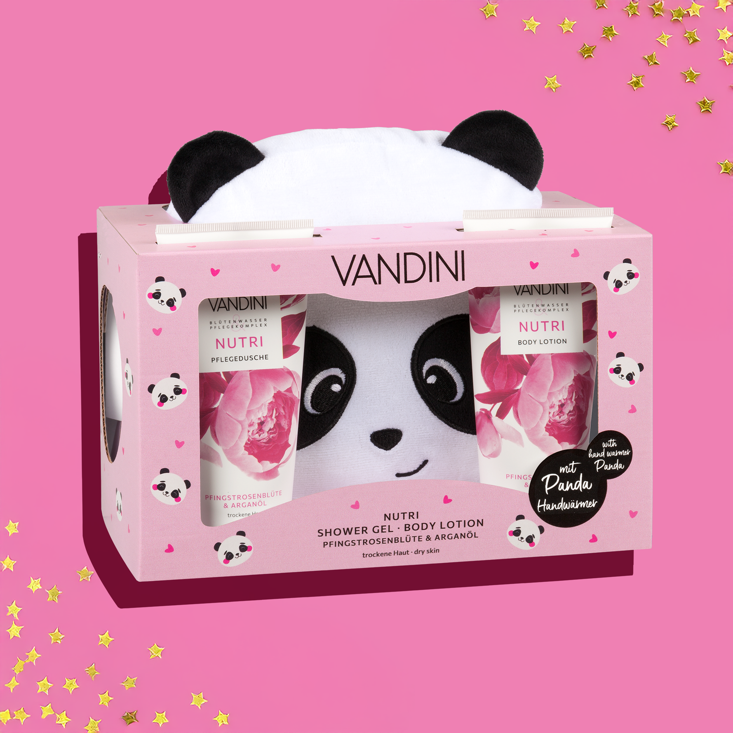 VANDINI Weihnachtsgeschenk mit NUTRI Pflegeprodukten und Plüsch-Panda Handwärmer