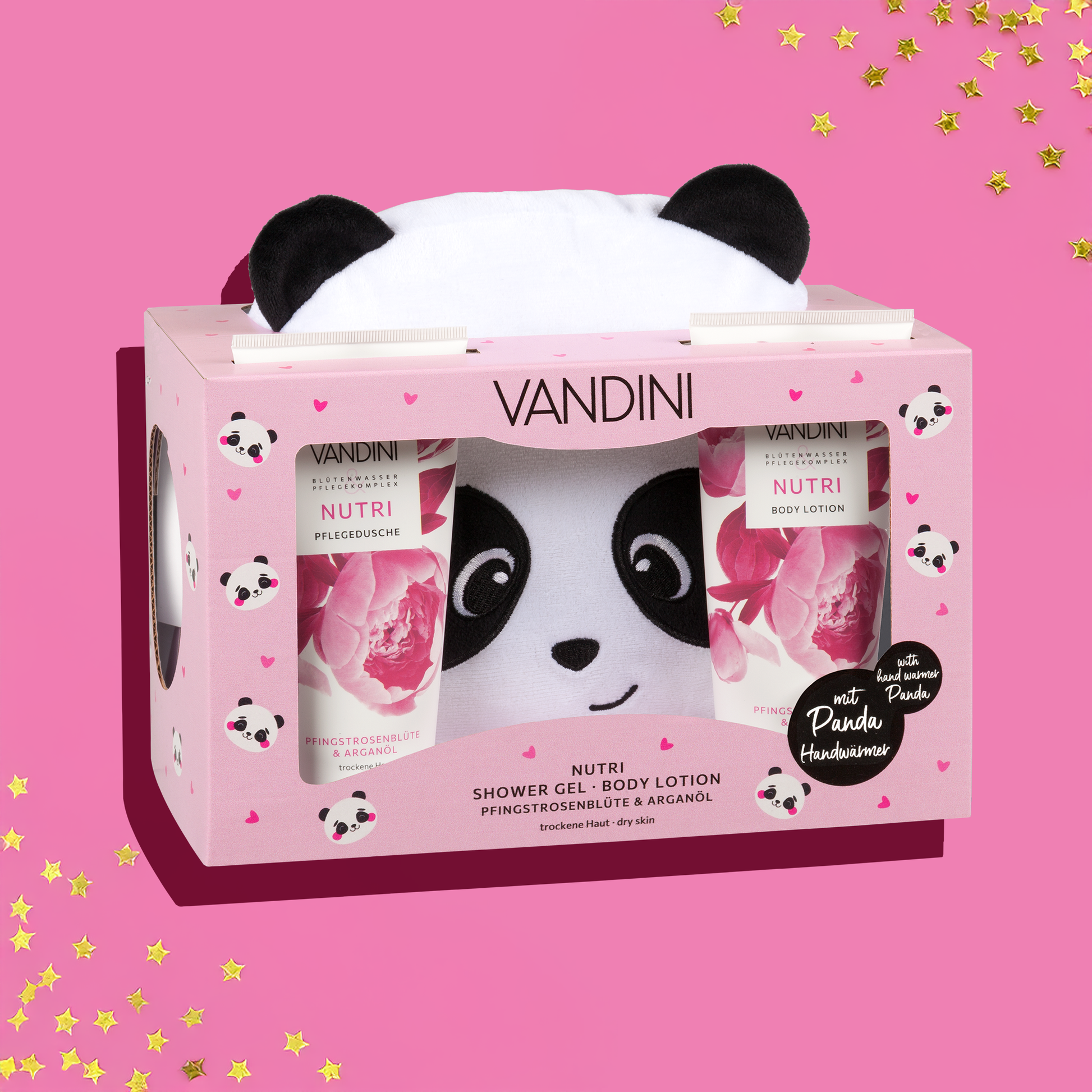 VANDINI Weihnachtsgeschenk mit NUTRI Pflegeprodukten und Plüsch-Panda Handwärmer