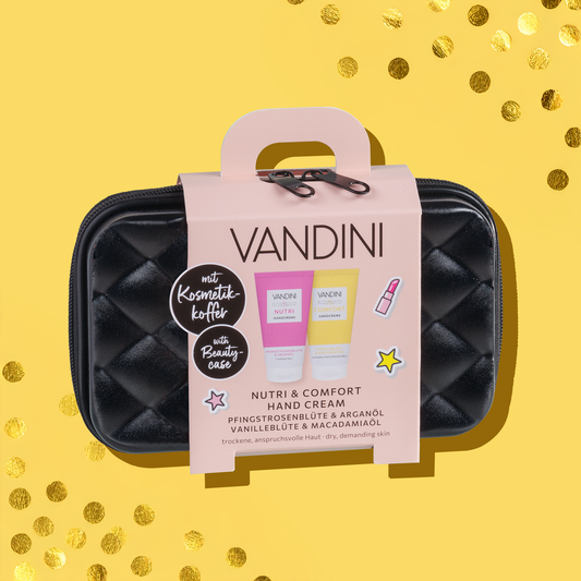 VANDINI Geschenkset Kosmetikkoffer schwarz mit zwei Handcremes mit Pfingstrosenduft und Vanilleduft für normale bis trockene Haut, vegan & mikroplastikfrei