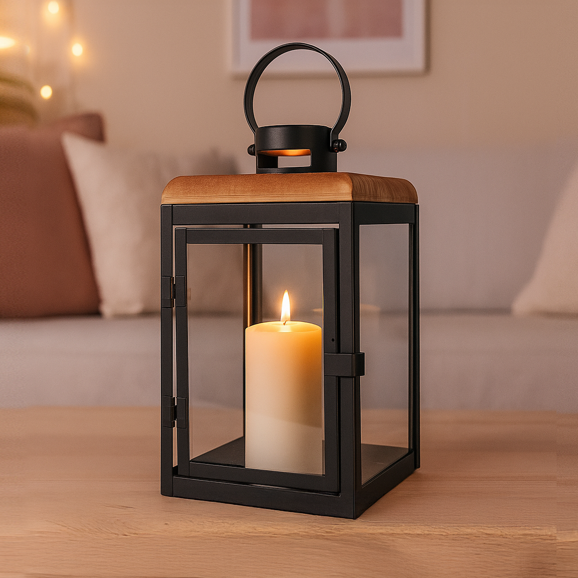 VANDINI Laterne aus schwarzem Metal und Glas mit edlem Deckel aus Holz und einer brennenden Kerze
