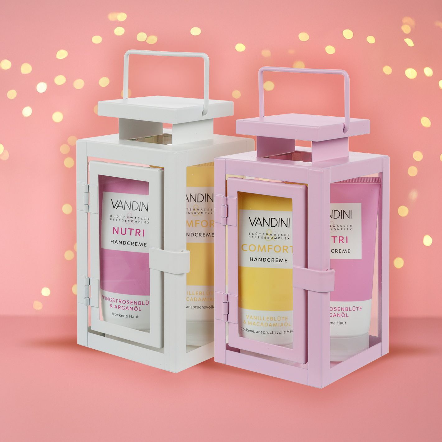 VANDINI Geschenkset Mini Laternen in rosa und weiß mit zwei Handcremes mit Pfingstrosenduft und Vanilleduft für normale bis trockene Haut, vegan & mikroplastikfrei