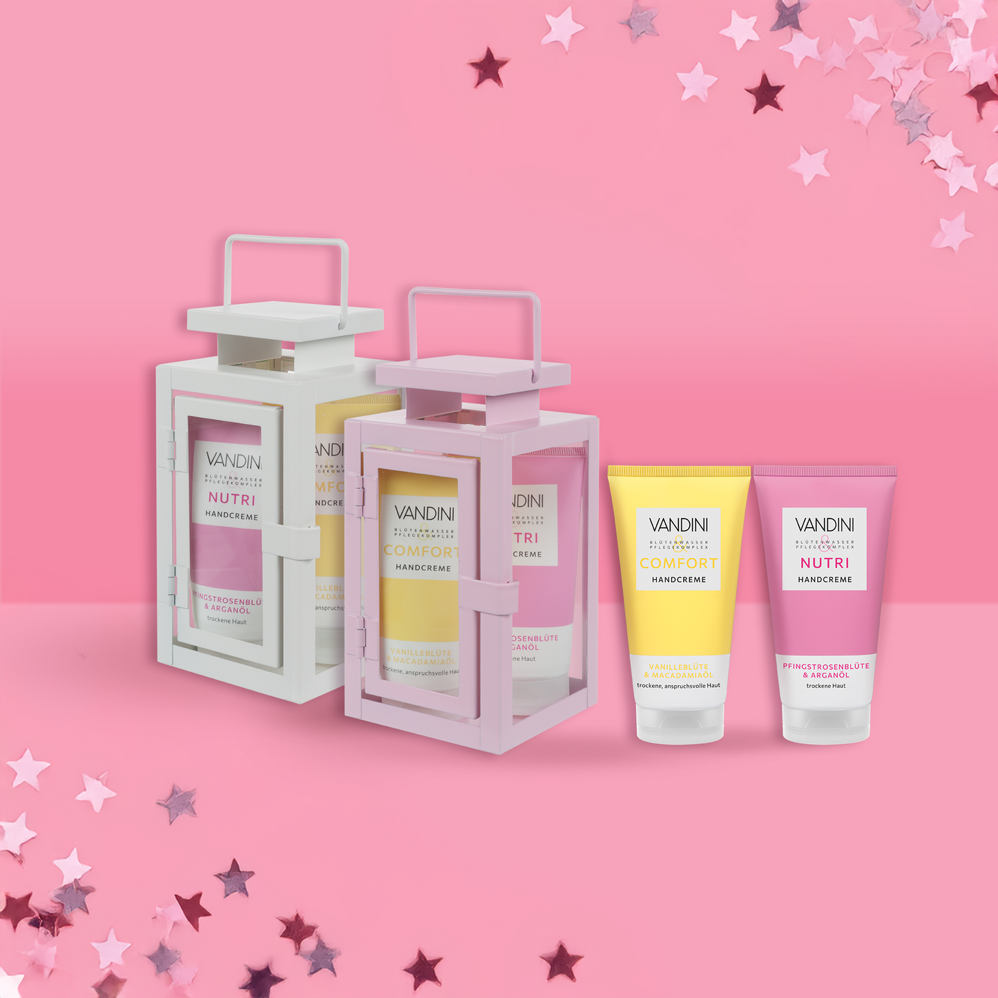 VANDINI Geschenkset Mini Laternen in rosa und weiß mit zwei Handcremes mit Pfingstrosenduft und Vanilleduft für normale bis trockene Haut, vegan & mikroplastikfrei. Geschenkset für Frauen.