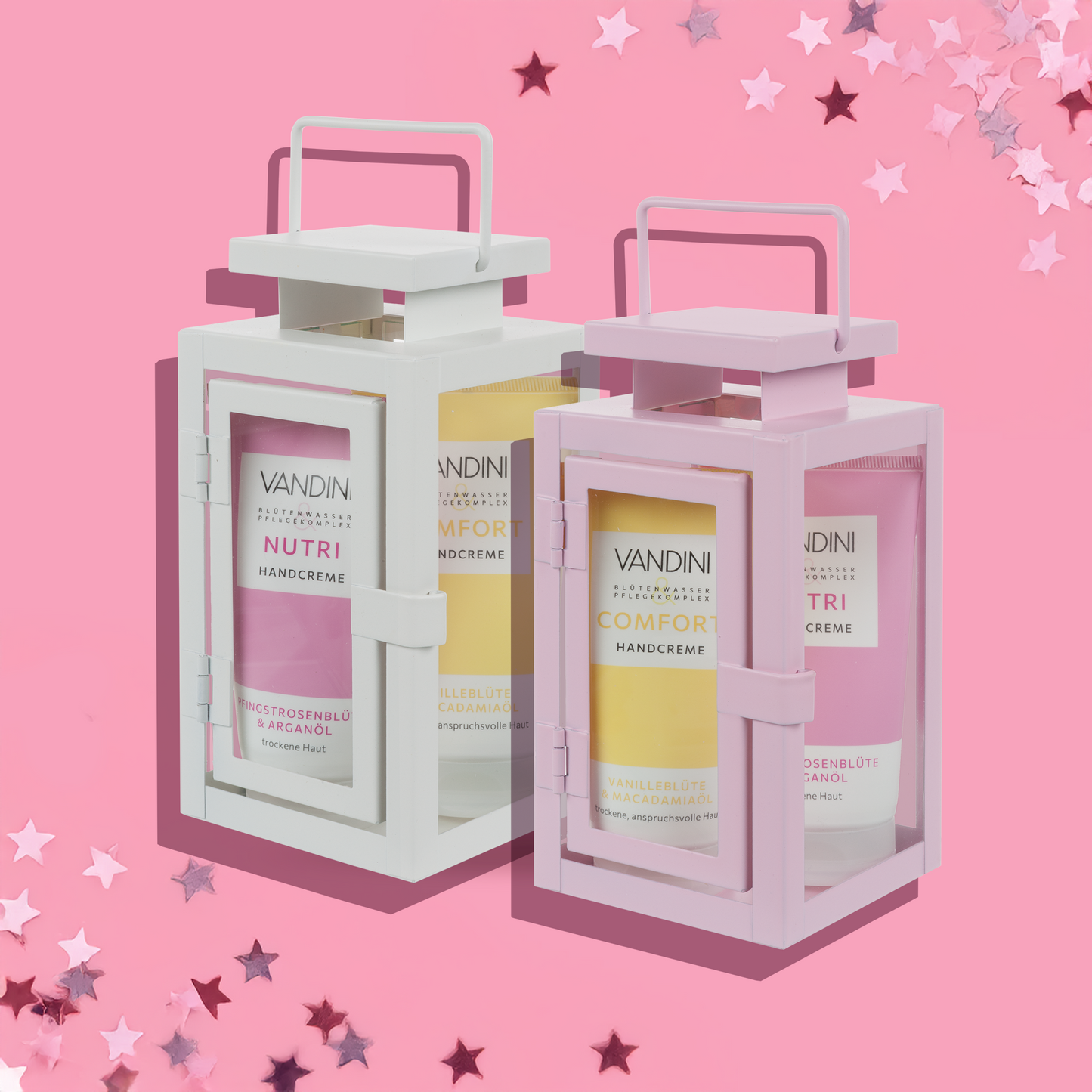 VANDINI Geschenkset Mini Laternen in rosa und weiß mit zwei Handcremes mit Pfingstrosenduft und Vanilleduft für normale bis trockene Haut, vegan & mikroplastikfrei