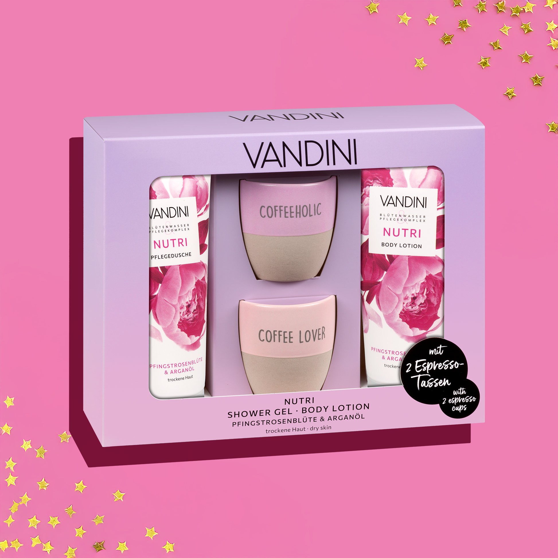 VANDINI Geschenkset mit zwei Espressotassen mit Duschgel und Bodylotion, Geschenke für Frauen mit trockener Haut, vegan & mikroplastikfrei
