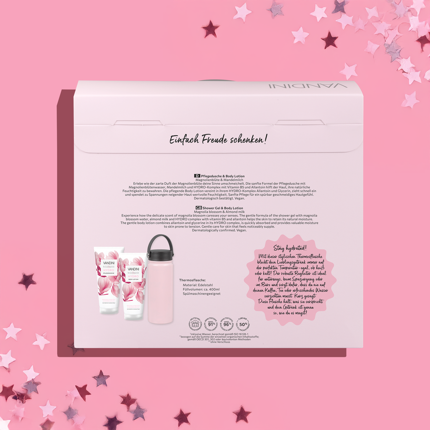 Rückseite des VANDINI Geschenksets mit Thermosflasche als Zugabeartikel vor rosa Hintergrund mit Sternen-Konfetti