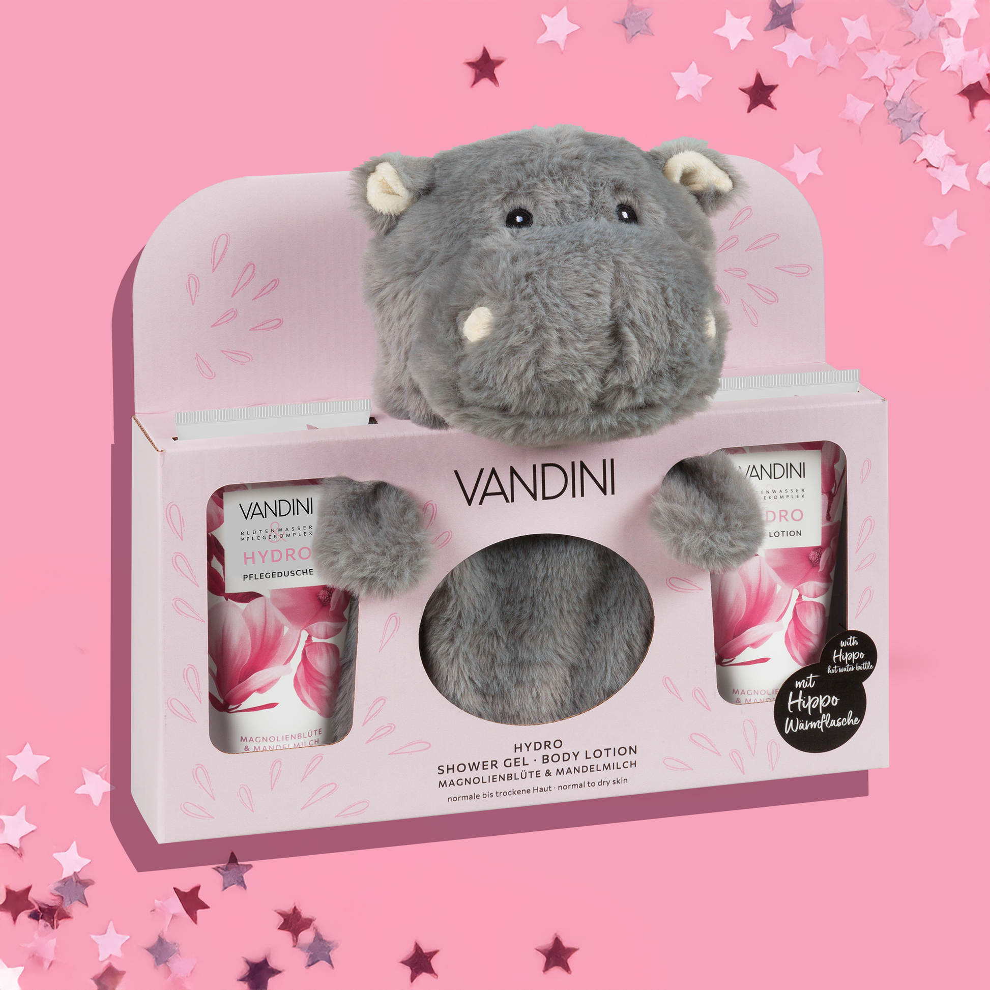 VANDINI Geschenkset mit plüschiger Nilpferd-Wärmeflasche und Hydro Duschgel und Body Lotion in rosa Verpackung. Produkte mit Magnolienduft für normale bis trockene Haut, vegan & mikroplastikfrei