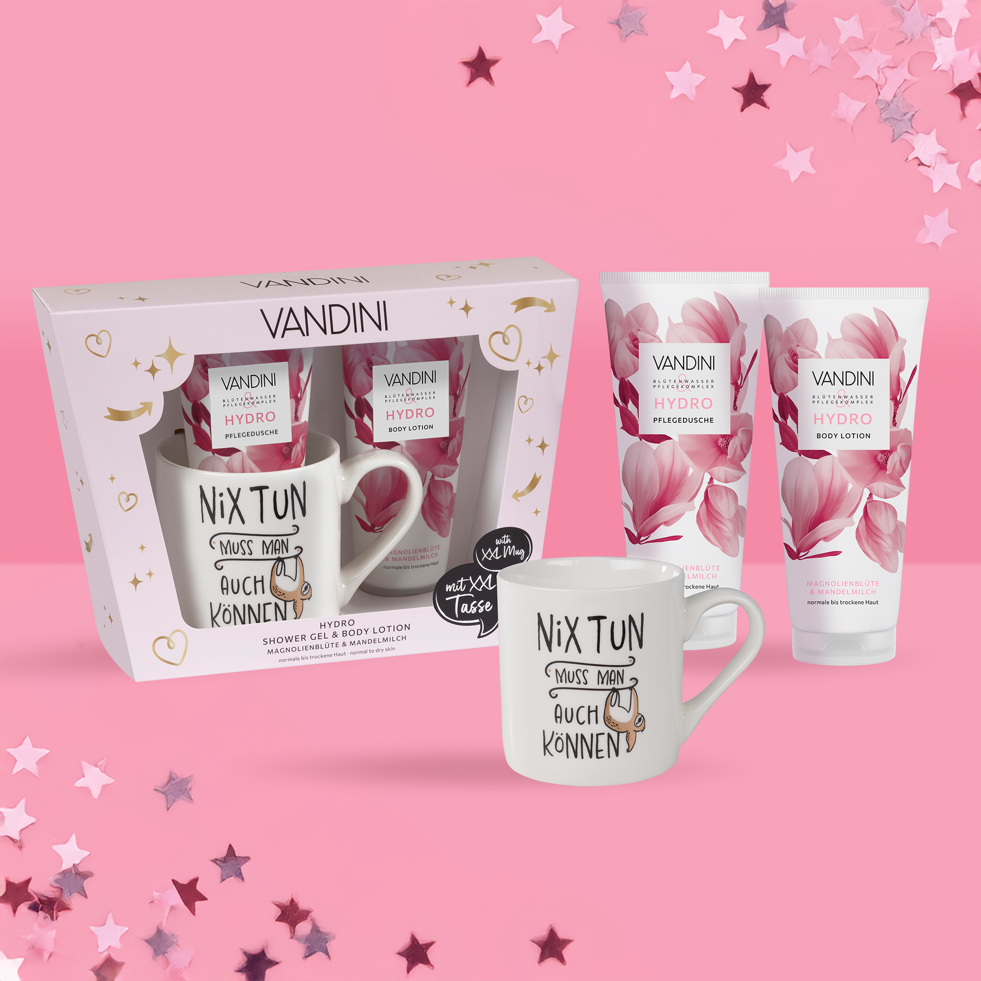 VANDINI Geschenkset mit XXL Tasse, Duschgel und Body Lotion mit Magnolienduft für normale bis trockene Haut, vegan & mikroplastikfrei