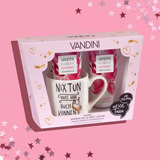 VANDINI Geschenkset mit XXl Tasse, Duschgel und Body Lotion mit Magnolienduft für normale bis trockene Haut, vegan & mikroplastikfrei
